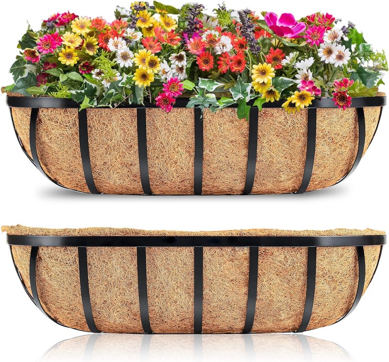 YM 24'' Outdoor Planters, 2 Pack Window Boxes with Coconut Coir Liner, Hanging Flower Planter for Balcony, Porch, Fence, Patio Rail - Image 1